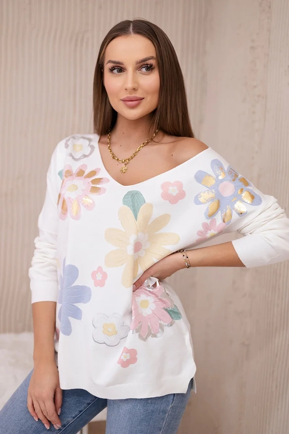 Sweater blouse with colorful flowers yellow+blue