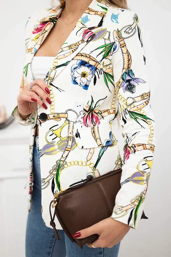 Printed cotton jacket with a button ecru