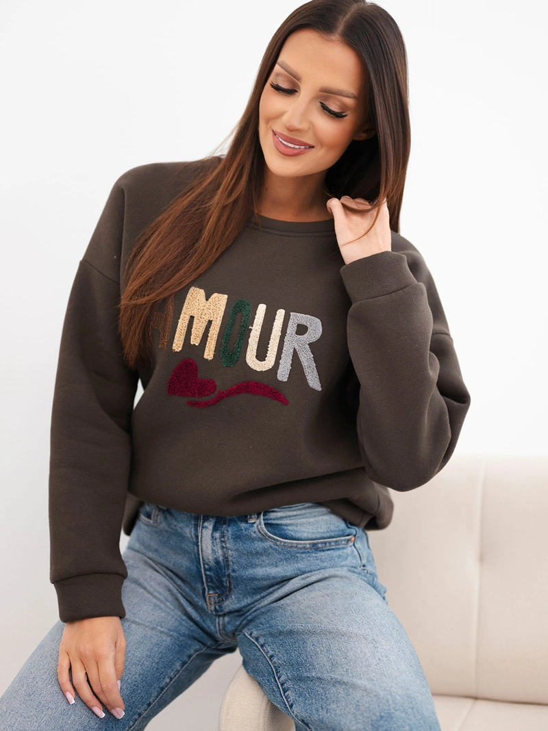 Damen-Sweatshirt locker aus Baumwolle mit Stickerei Amour braun