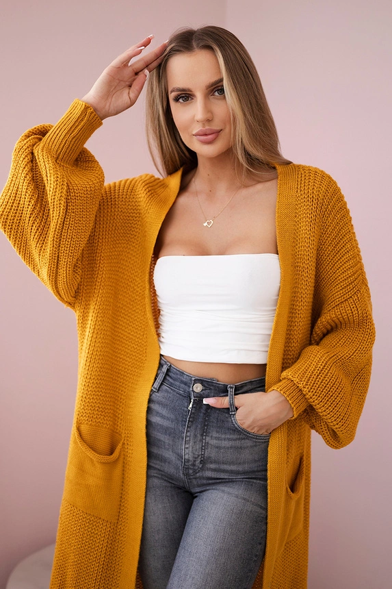 Pullover lange Strickjacke Senf