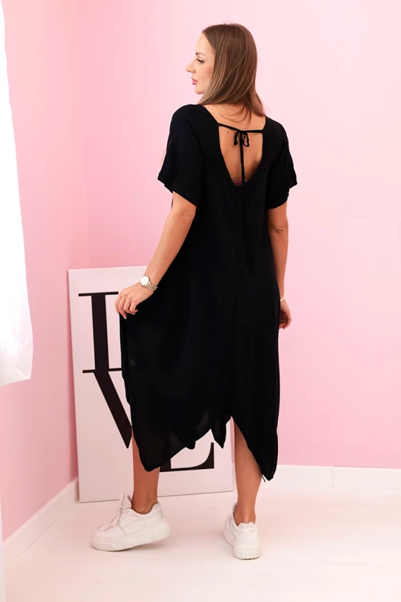 Damenkleid aus Viskose mit kurzen Ärmeln und ausgestelltem Saum schwarz