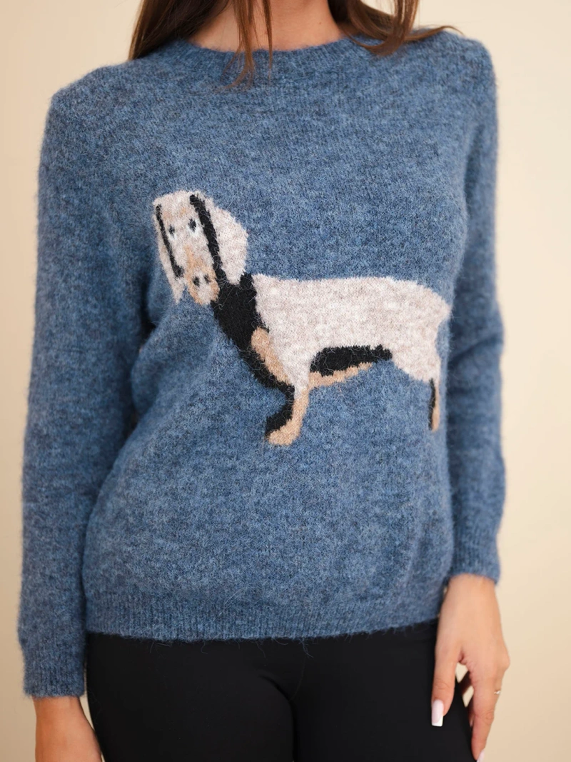 Women's sweater with a dachshund pattern and a round neckline denim