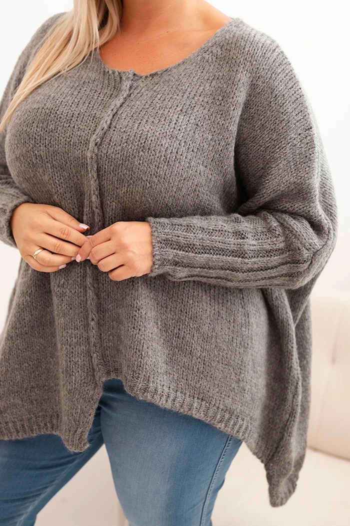 Dámsky sveter Plus Size z akrylom s voľným strihom a rukávom 3/4 grafitový