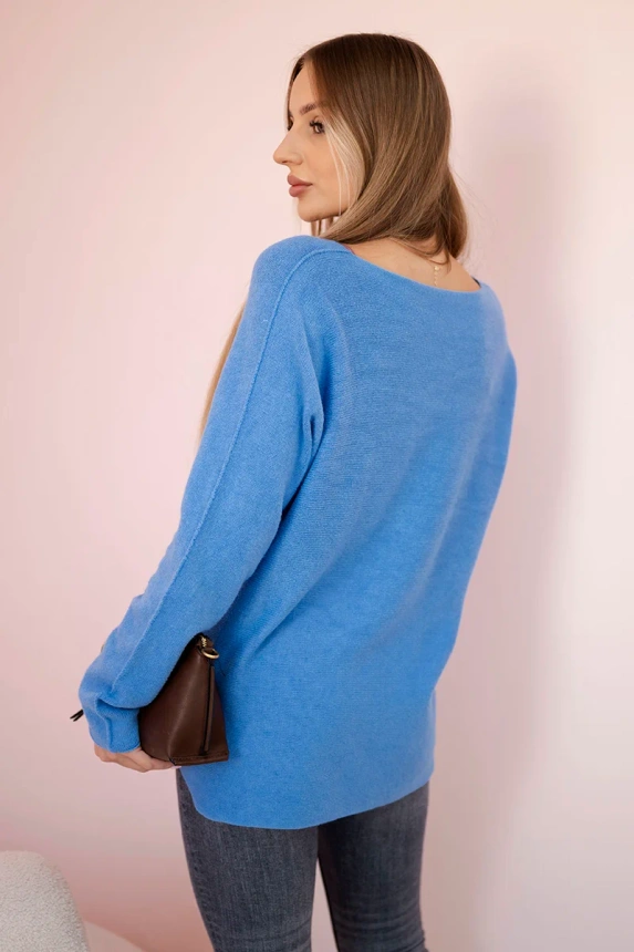 V formos kaklo megztinis lengvas džinsinis audinys