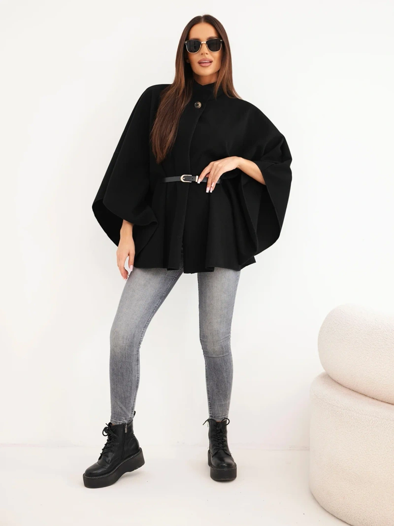 Women's poncho jacket with a belt and a high collar black