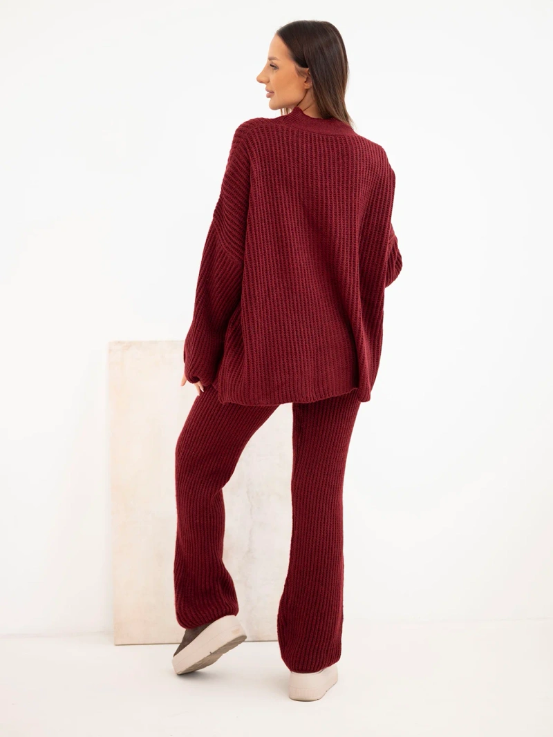 Damen-Strickset mit Cardigan und weiten Hosen bordeaux