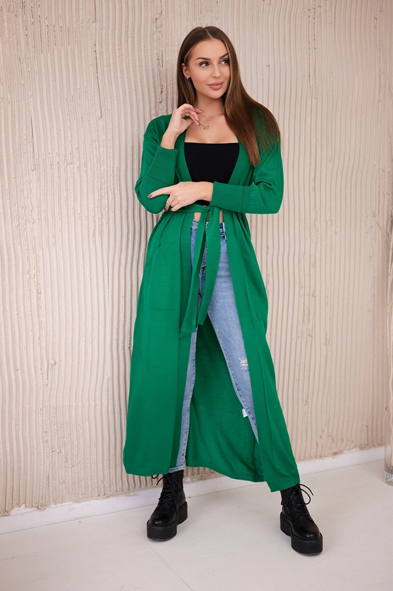 Long cardigan sweater tied at the waist green
