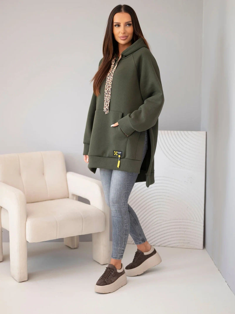 Mikina dámska oversize z bavlny s kapucňou a vreckom khaki