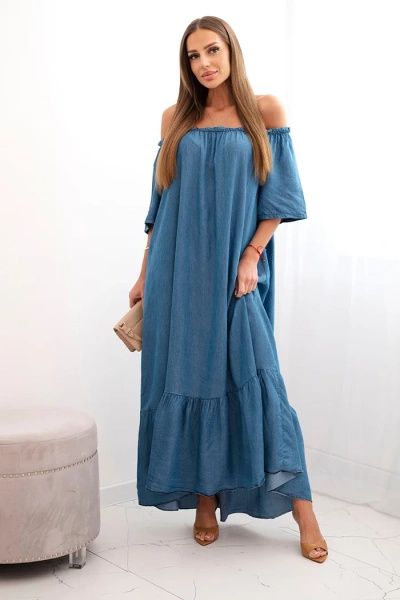 Damenkleid mit kurzen Ärmeln und dunklem Denim mit Rüschen