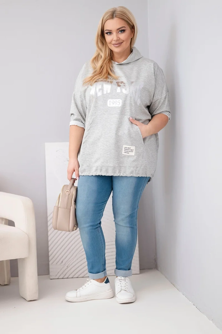 Damen-Plus-Size-Viskose-Sweatshirt mit Kapuze und Kängurutasche grau meliert