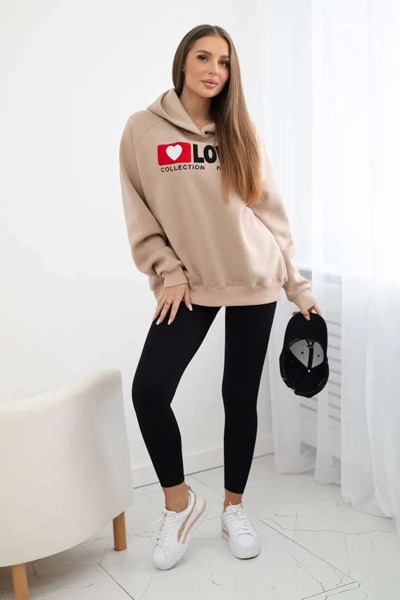 Zateplená bavlnená mikina s kapucňou Love tmavo béžová
