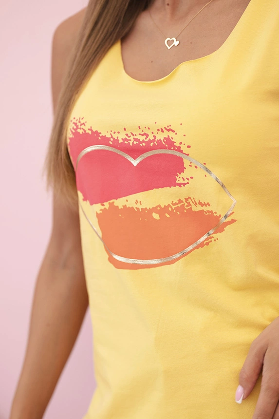 Damen Baumwollbluse ärmellos mit buntem Herzdruck gelb