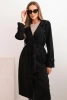 Women's suede coat tied at the waist with collar and buttons black