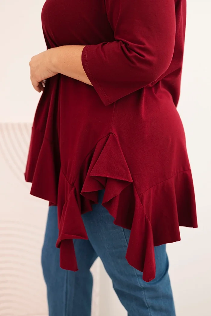 Damenbluse Plus Size aus Baumwolle mit Rüsche und hochgekrempeltem Ärmel burgunderrot