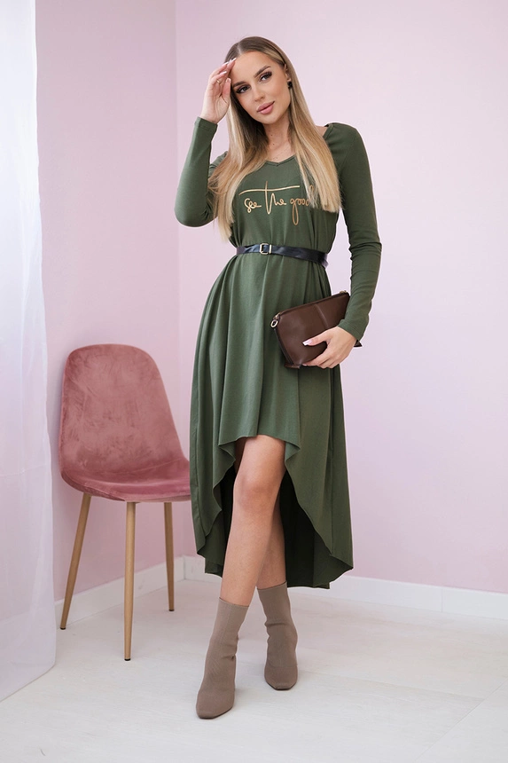 Kleid mit Ziergürtel und khakifarbenem Schriftzug