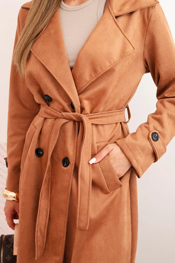 Women's suede coat tied at the waist with collar and buttons camel