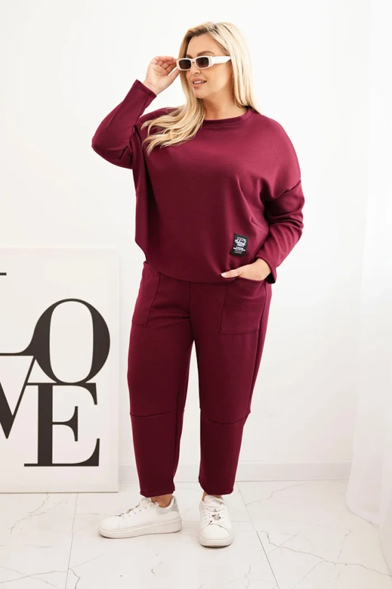 Komplet dámsky Plus Size maslová mikina a nohavice s vreckami slivkový