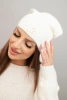 Classic women's cap made of soft knit with a decorative plate ecru