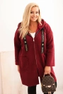 Dámský kabát Plus Size z umělého beránka s kapucí a kapsami bordový