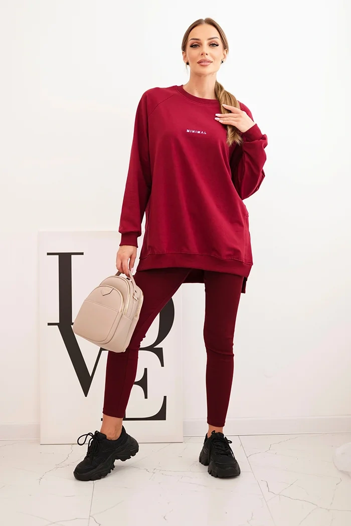 Women's cotton set with a sweatshirt and leggings with the inscription Minimal maroon
