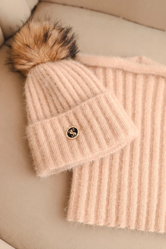 Damen Winterset mit Pompon und Schal beige