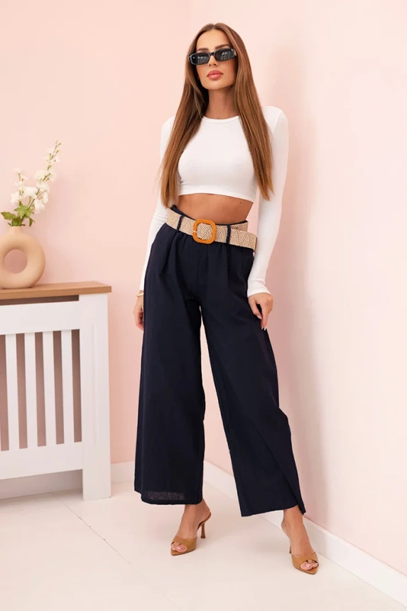 Women's linen trousers with wide legs and a belt navy blue