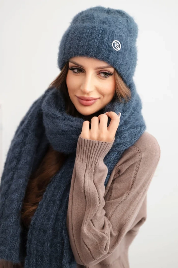 Damen Set Mütze und Schal mit Rippmuster und Dekoration jeansblau