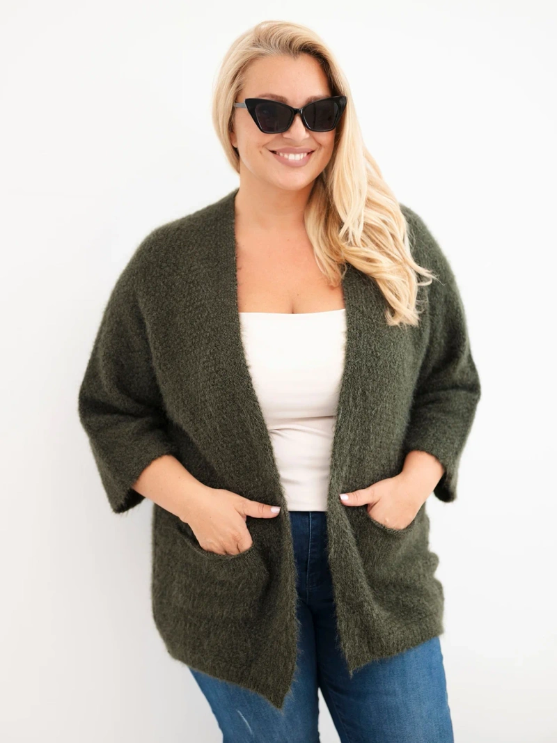 Dameninis megztinis Plus Size su kišenėmis be užsegimo khaki