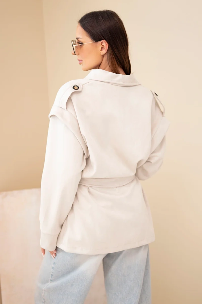 Dámský kabát semišový viskózový s páskem a nášivkami bežový