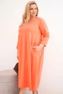 Moteriška suknelė Plus Size medvilninė su ilgomis rankovėmis ir raukšlėmis juosmens, persikinė
