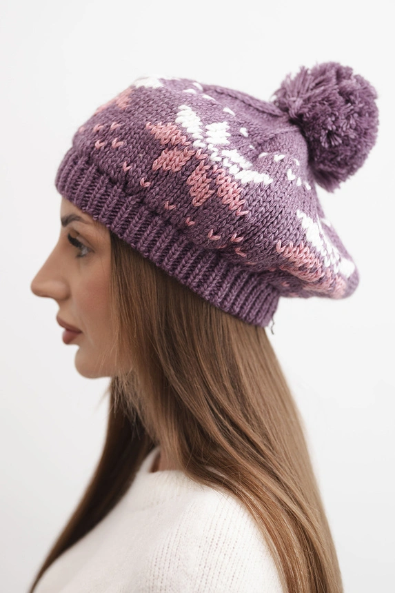 Women's winter wool hat with snowflake pattern and pompom K457 light purple