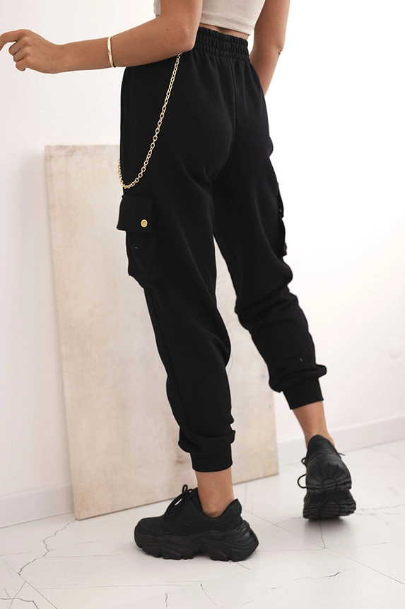 Women's cotton cargo pants with pockets and chain black