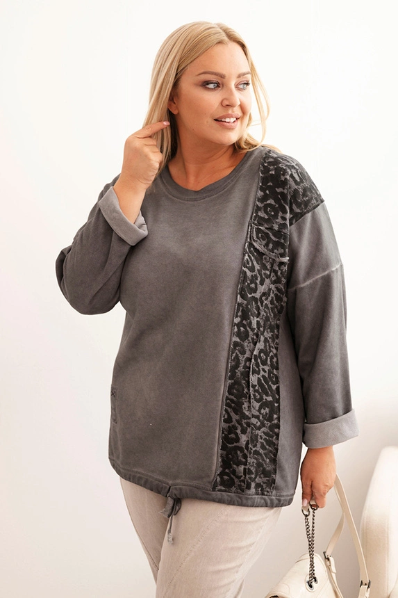 Bluza damska Plus Size z bawełną z lampasem panterka i troczkiem grafitowa