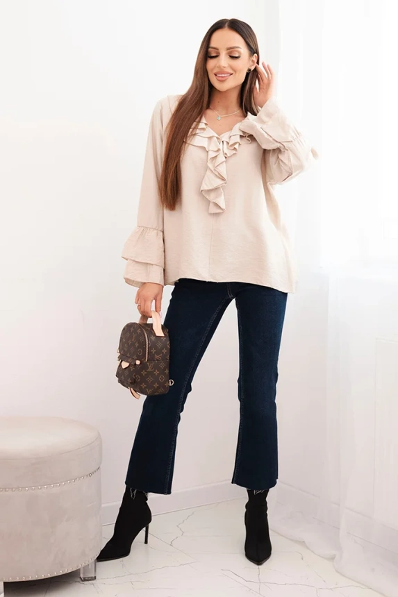 Women's viscose blouse with ruffles and long sleeves beige