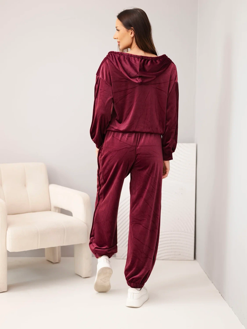 Damen-Set aus Viskose-Velours mit Reißverschluss-Sweatshirt und Jogger-Hose Pflaume