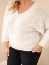 Dámsky sveter Plus Size s véčkovým výstrihom a širokým rukávom béžový