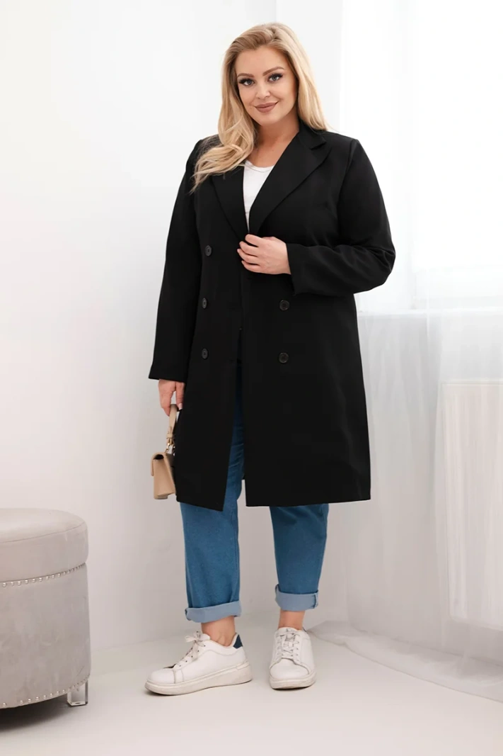 Dámský kabát Plus Size dvouřadový s límcem černý