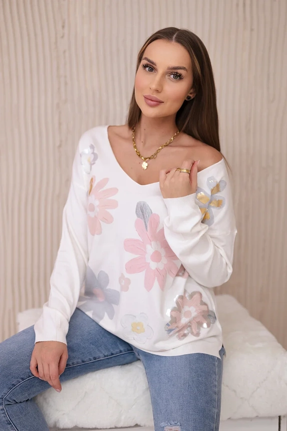 Sweater blouse with colorful flowers pink+grey