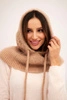 Women's hooded cap with ties and braided pattern camel