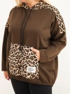 Dámská mikina Plus Size z viskózy s kapucí a leopardími vsadkami hnědá