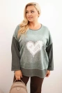 Dámska mikina Plus Size bavlnená s potlačou srdca a šnúrkami khaki
