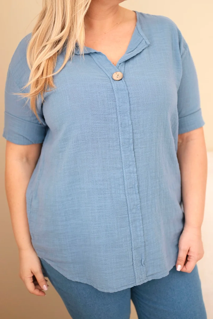 Damen-Baumwollbluse Plus-Size mit Knopfleiste jeansblau