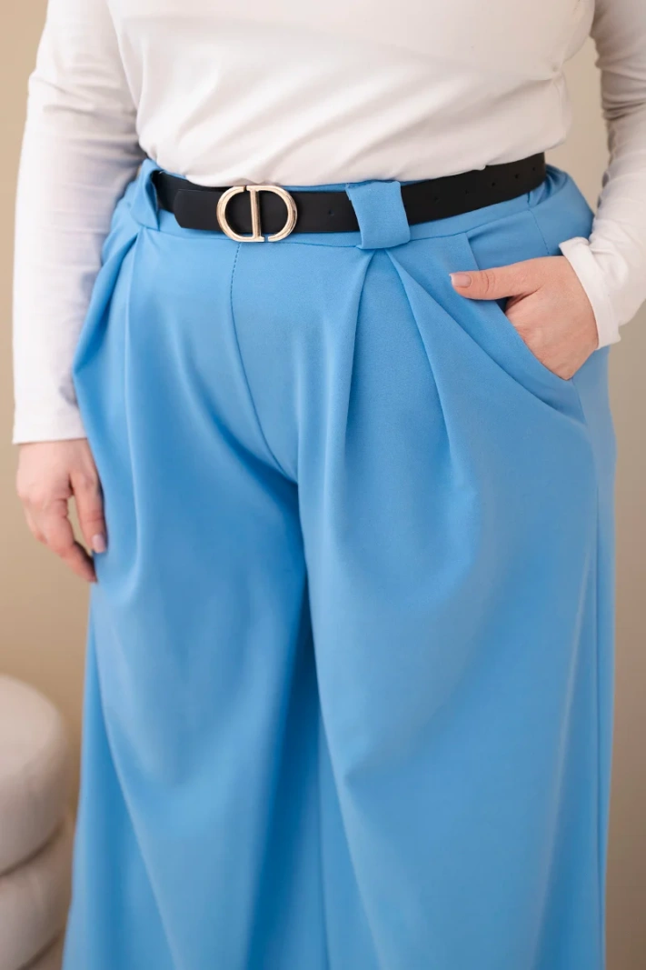 Plus Size women's viscose trousers with wide leg and belt blue