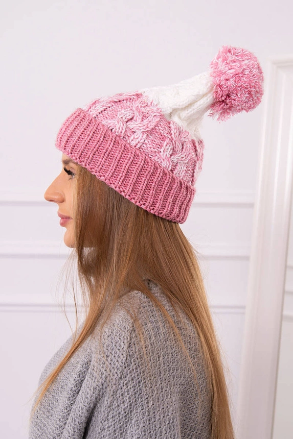 Moteriška kepurė su pomponu Abigail K326 powder pink+ecru