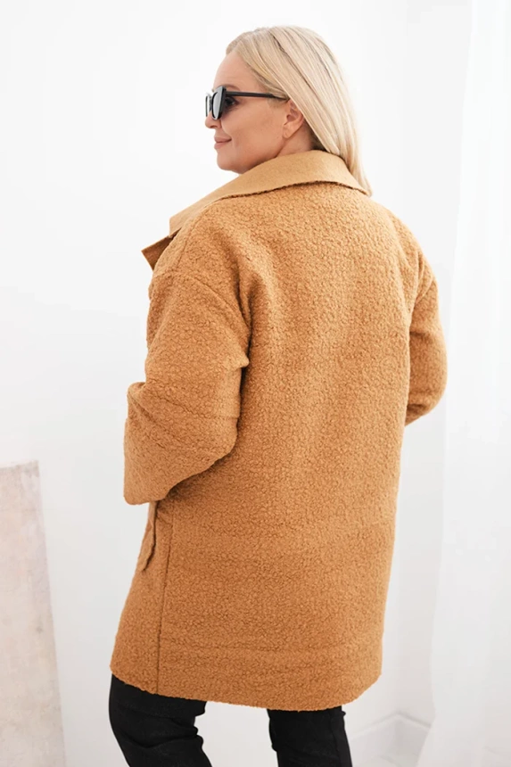 Dámský kabát Plus Size beránek s vlnou a kapsami camelový