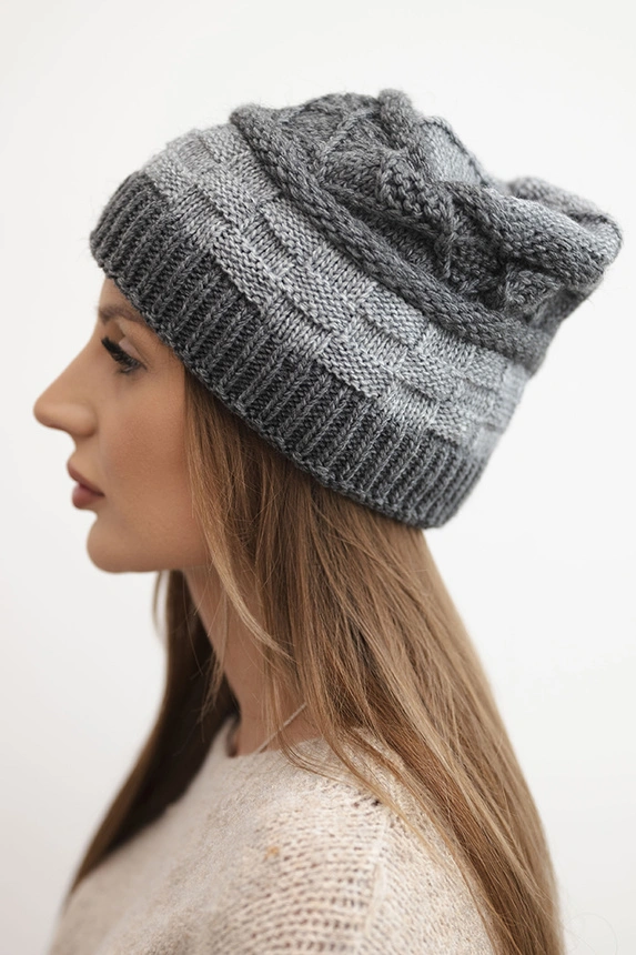 Women's winter wool cap with decorative weave K446 gray + graphite