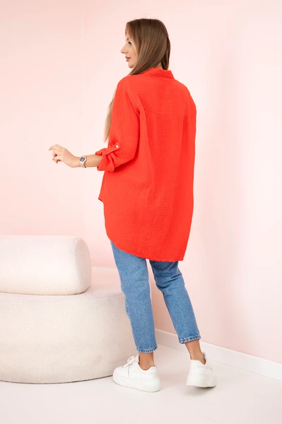 Bavlnená mušelínová košeľa oversize červený