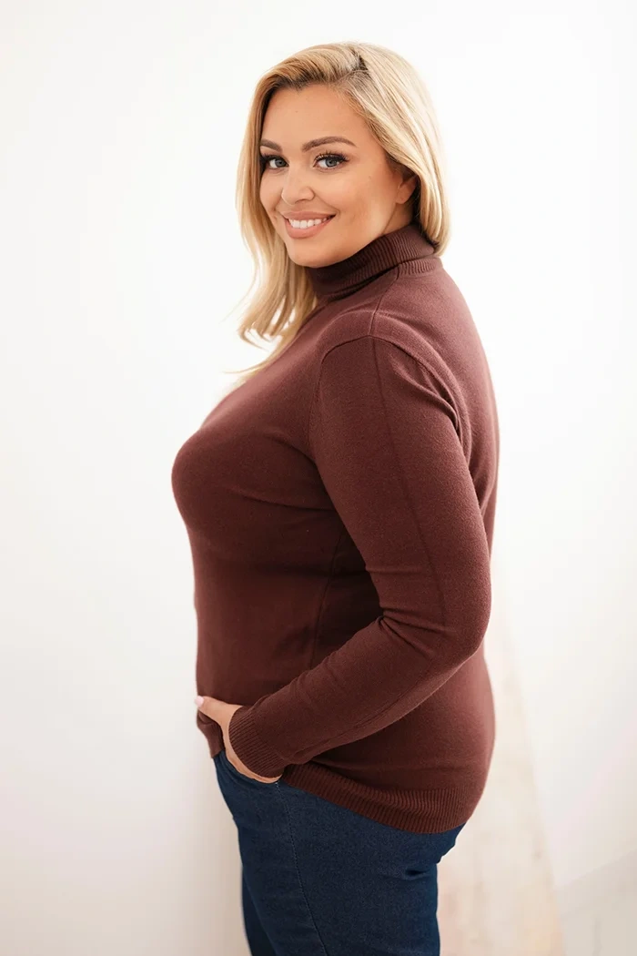 Sweter damski wiskozowy Plus Size z golfem o klasycznym kroju brązowy