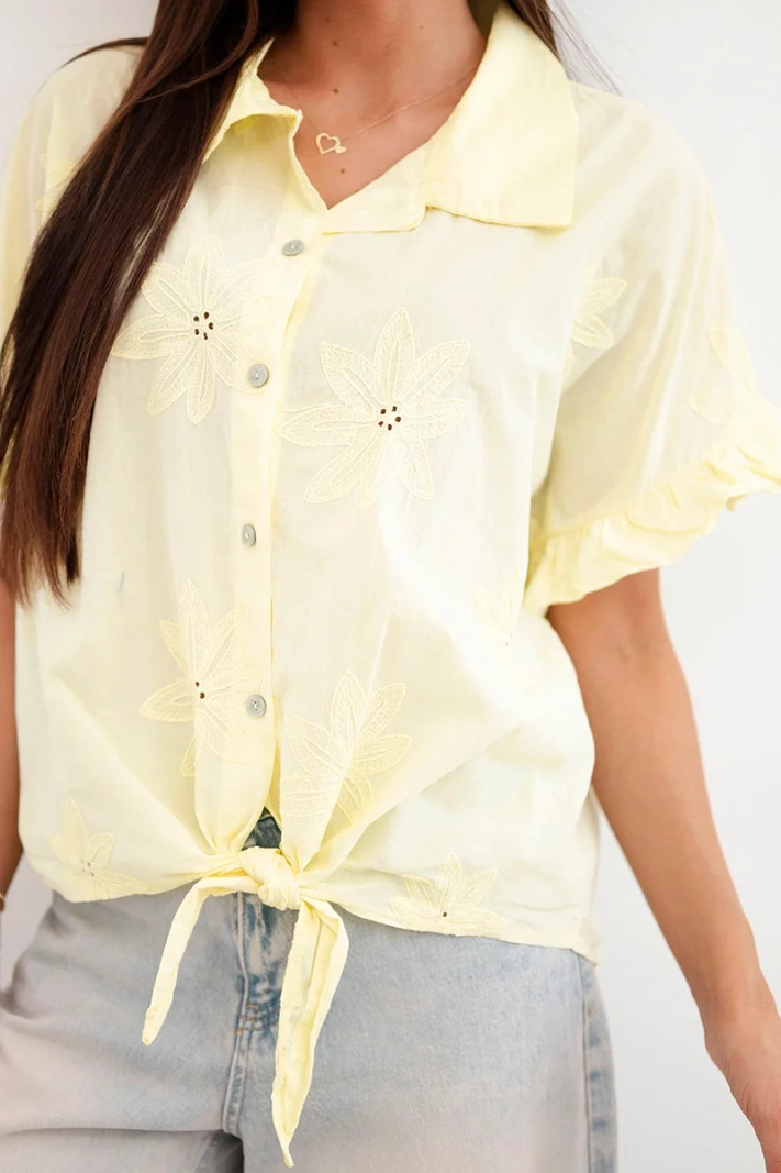 Women's cotton tie-front shirt with floral embroidery yellow