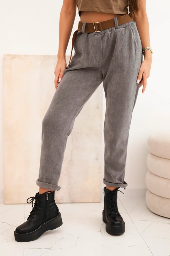 Women's trousers with a belt in a pinstripe dark gray